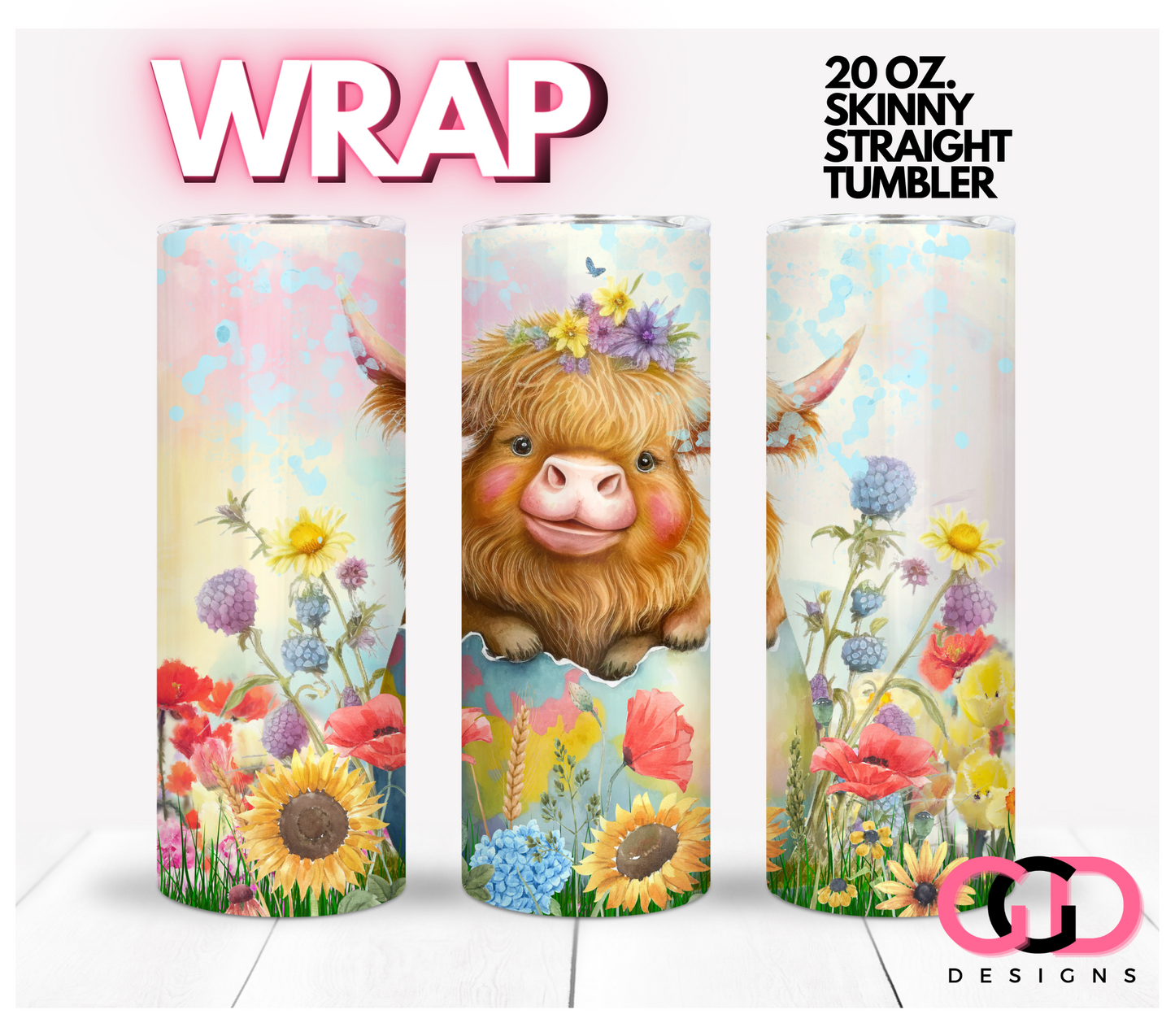 Easter Highland Cow - Digital tumbler wrap for 20 oz skinny straight tumbler