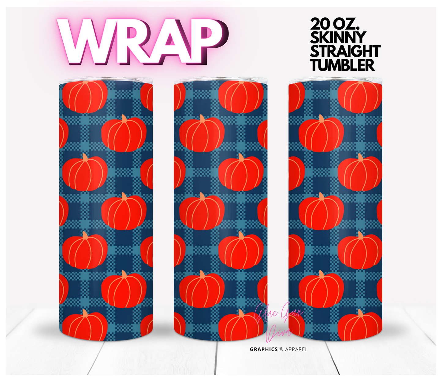 Bright Pumpkins blue background - Digital tumbler wrap for 20 oz skinny straight tumbler