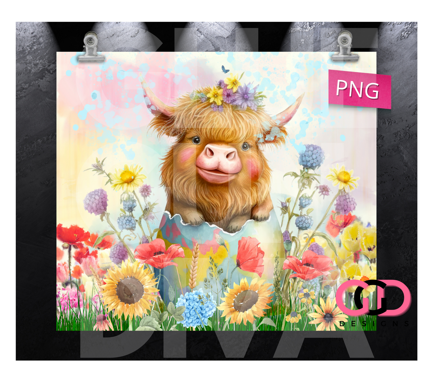 Easter Highland Cow - Digital tumbler wrap for 20 oz skinny straight tumbler