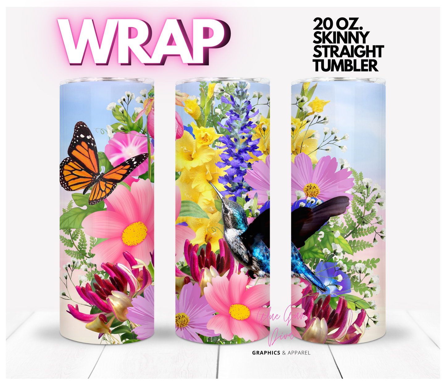 Gorgeous Flowers and a Hummingbird - Digital tumbler wrap for 20 oz skinny straight tumbler