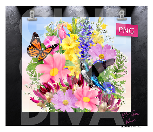 Gorgeous Flowers and a Hummingbird - Digital tumbler wrap for 20 oz skinny straight tumbler
