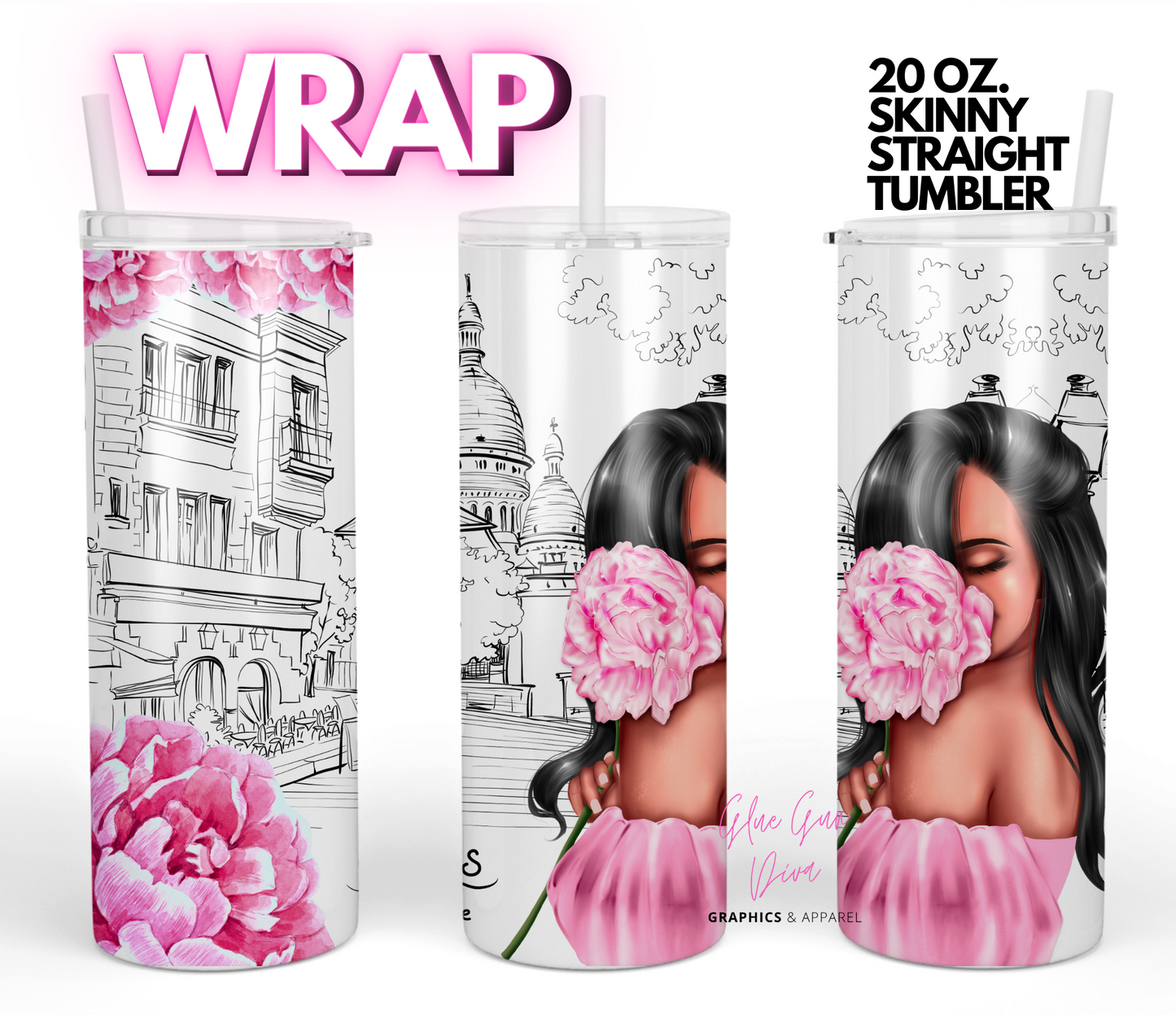 Paris Girl Flower skin tone 1- Digital tumbler wrap for 20 oz skinny straight tumbler