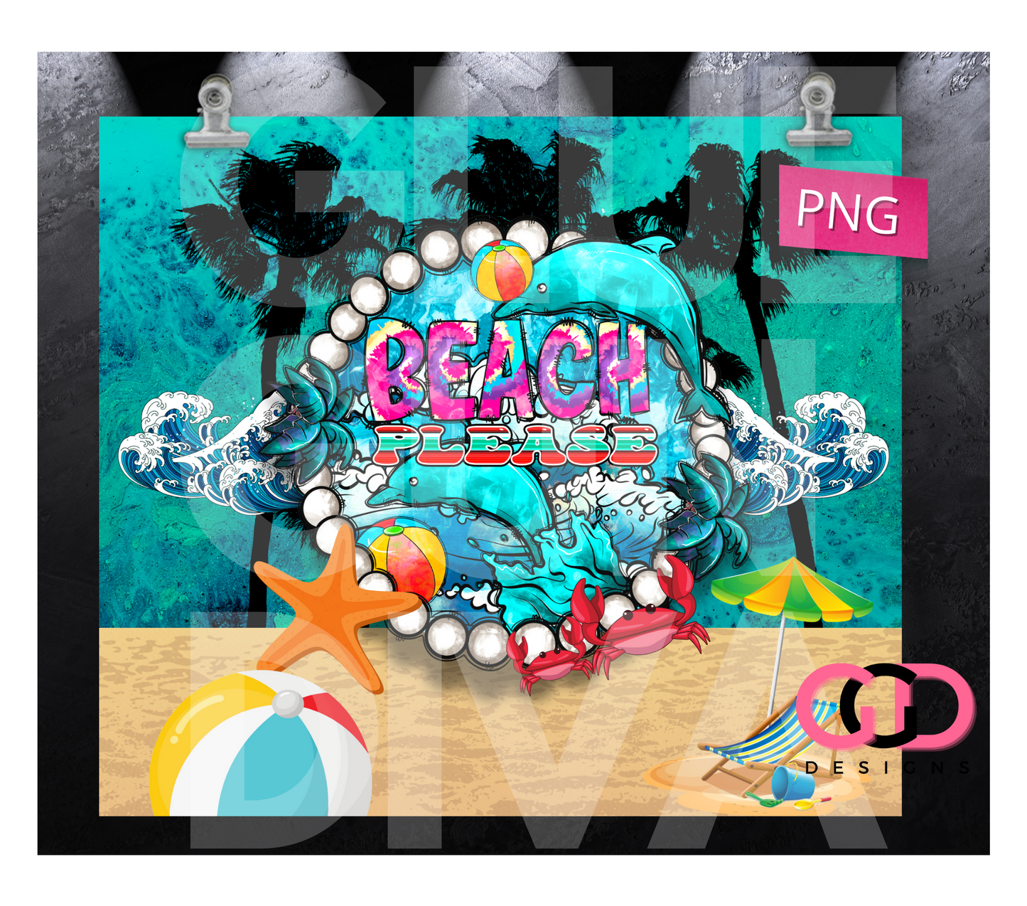 Beach Please Waves- Digital tumbler wrap for 20 oz skinny straight tumbler
