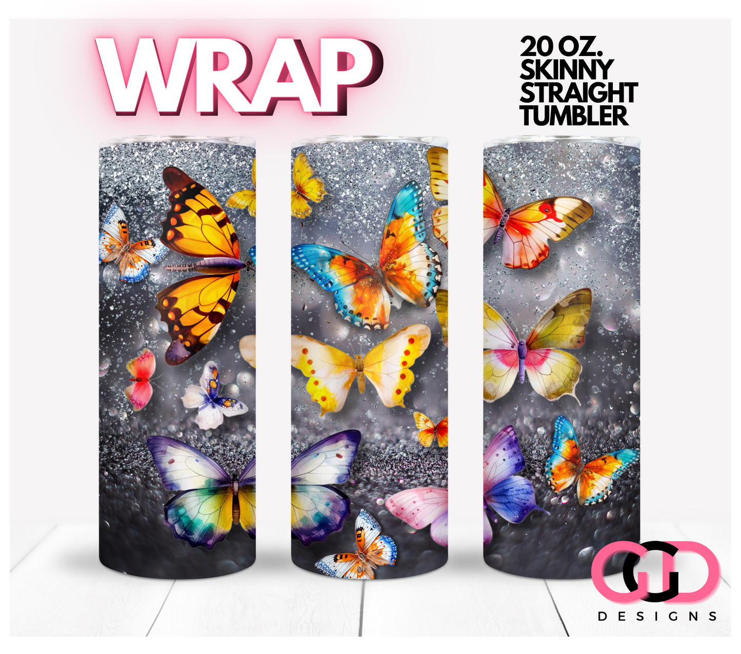 Colorful Butterflies- Digital tumbler wrap for 20 oz skinny straight tumbler
