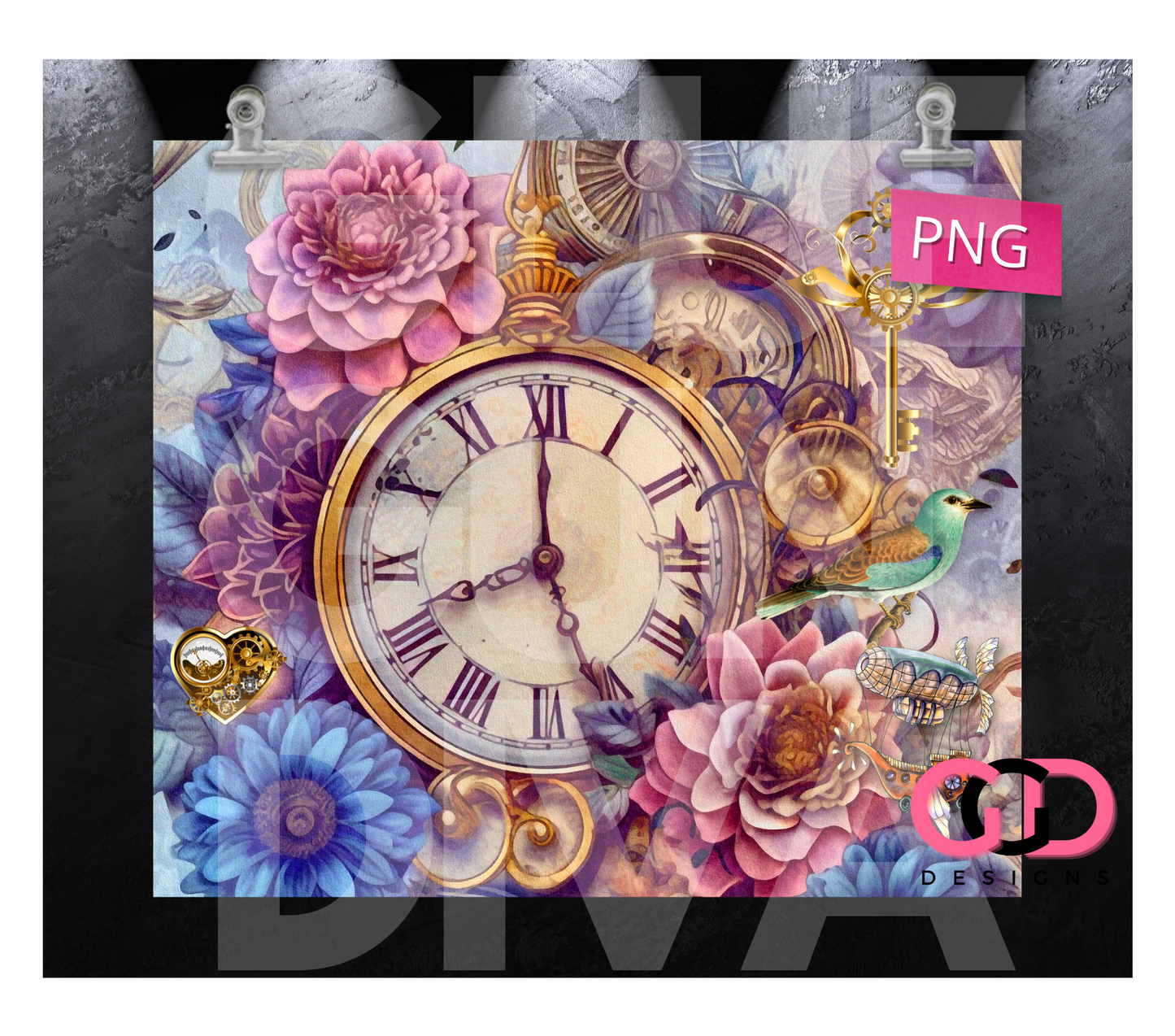 Steampunk Pocket Watch- Digital tumbler wrap for 20 oz skinny straight tumbler