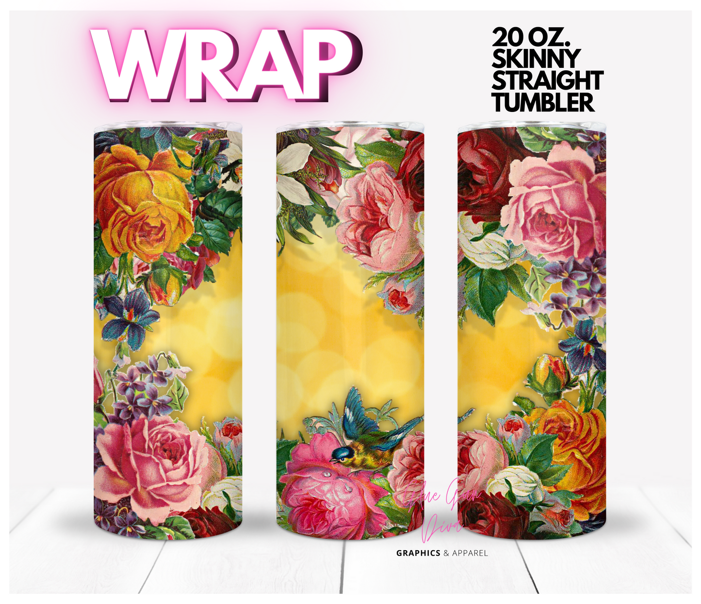 Vintage Flowers - Digital tumbler wrap for 20 oz skinny straight tumbler