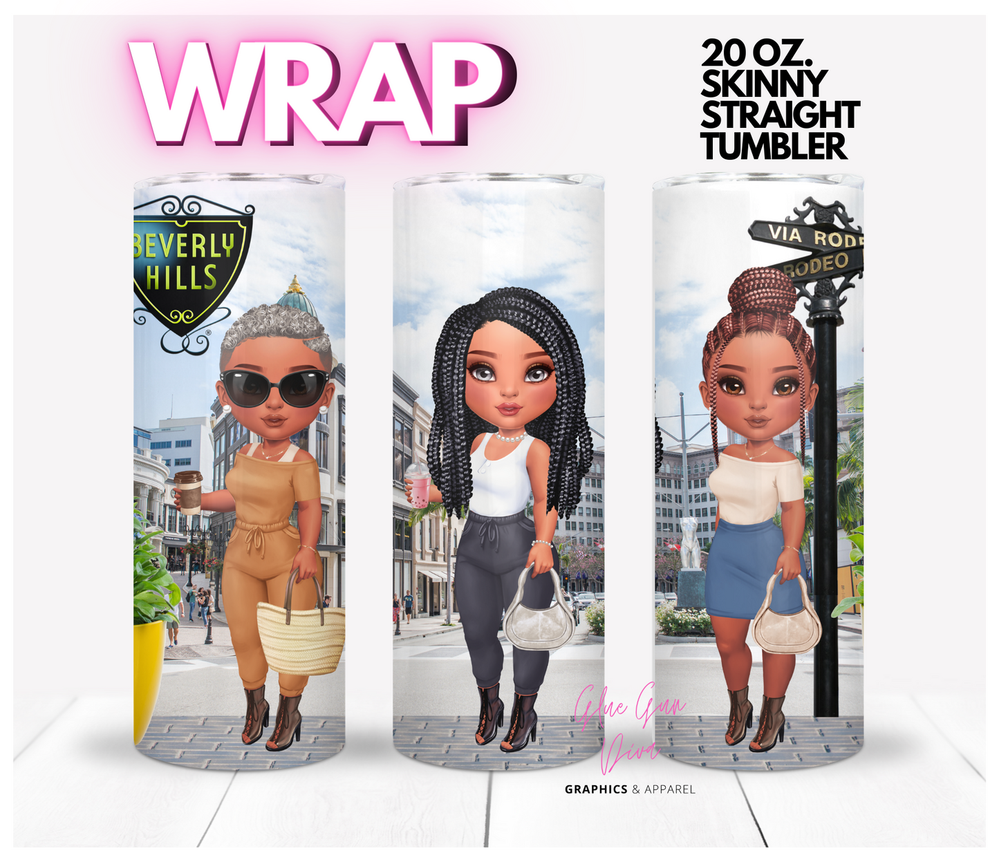 Beverly Hill Shopping Girls Skin tone 1 - Digital tumbler wrap for 20 oz skinny straight tumbler