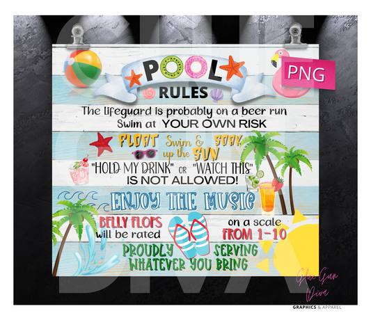 Pool Rules- Digital tumbler wrap for 20 oz skinny straight tumbler