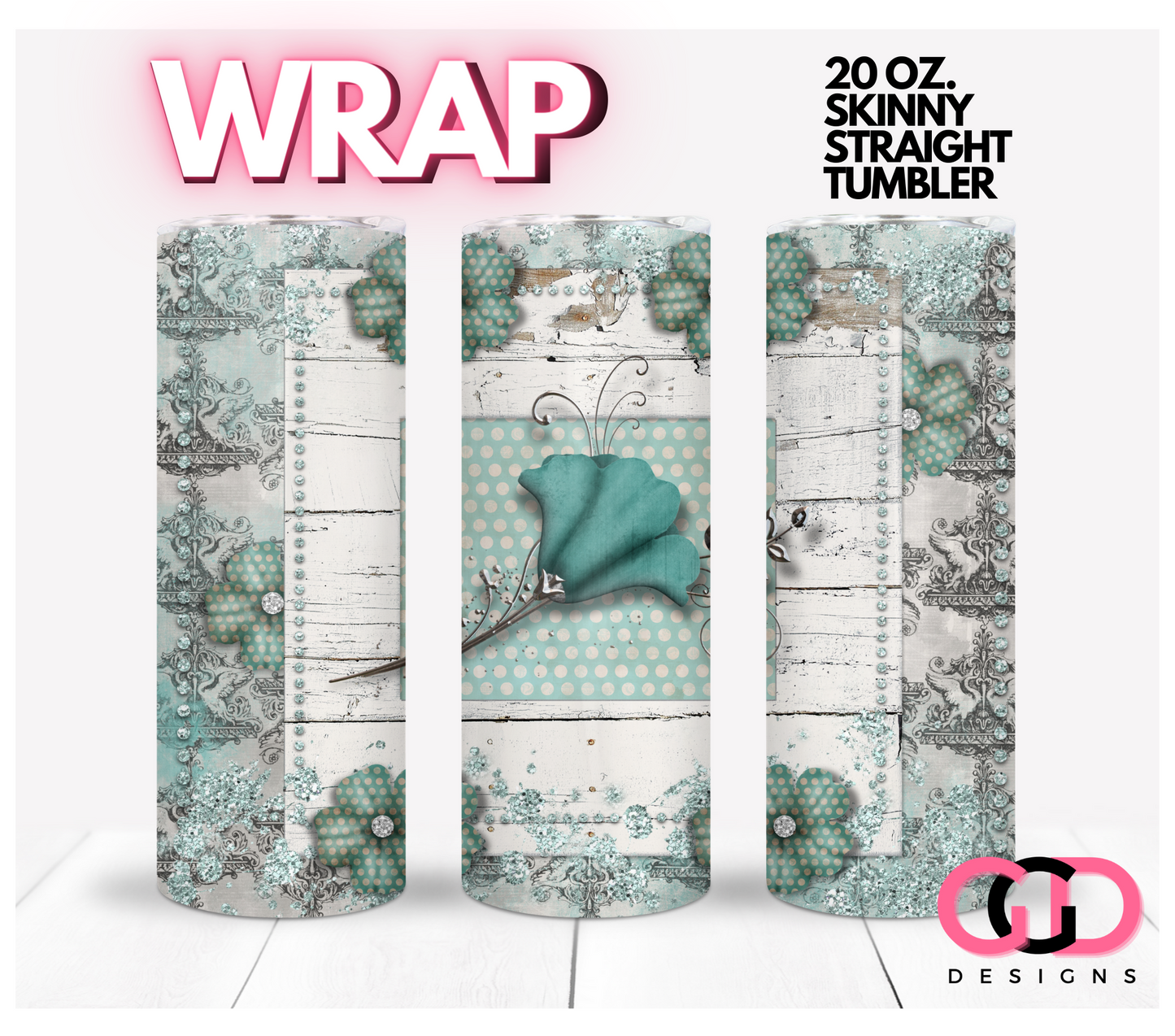 Teal Vintage Glam Flowers - Digital tumbler wrap for 20 oz skinny straight tumbler