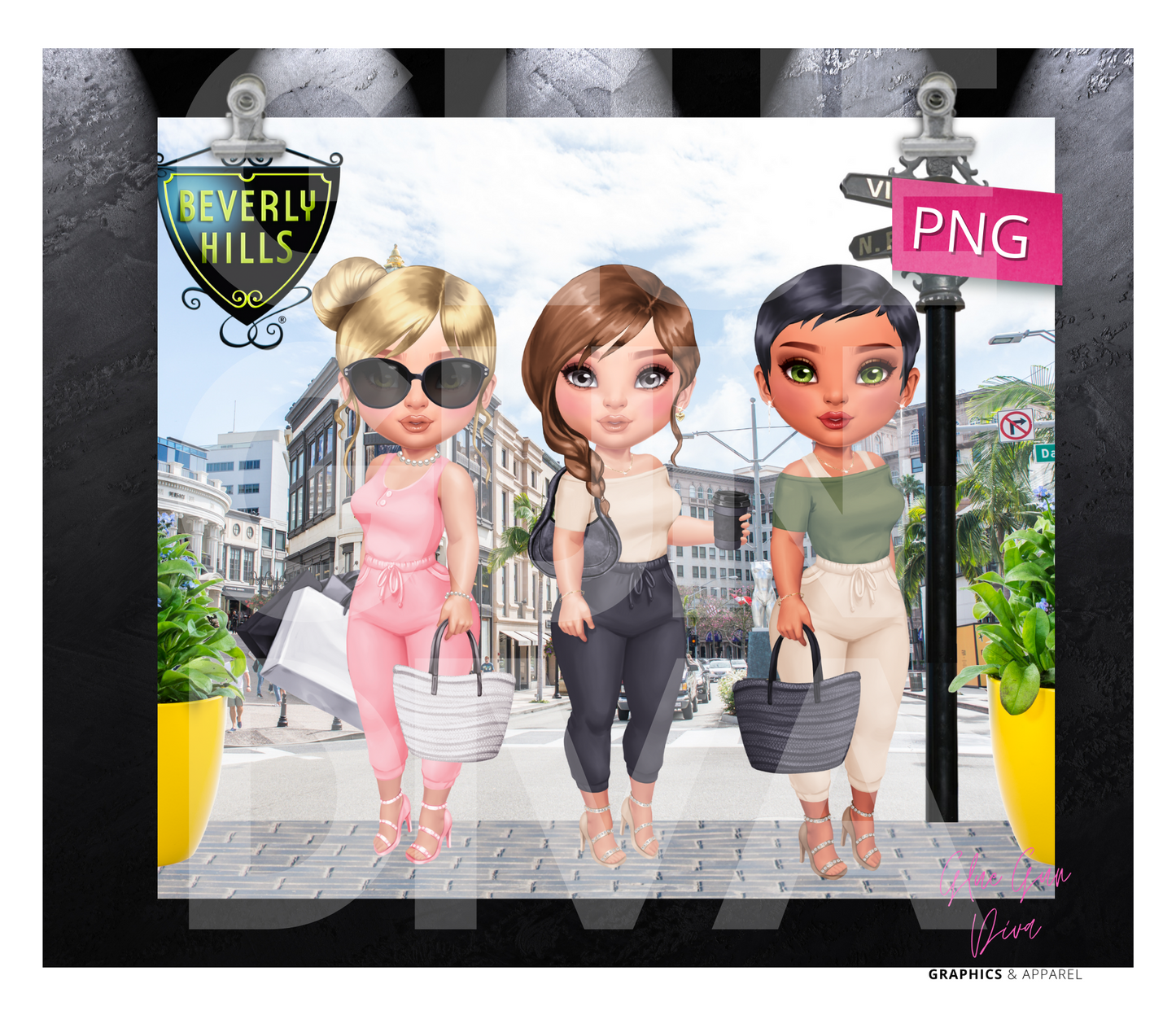 Beverly Hill Shopping Girls Skin tone 2 - Digital tumbler wrap for 20 oz skinny straight tumbler