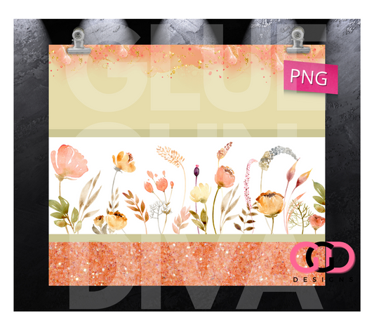 Peach Glitter Flowers - Digital tumbler wrap for 20 oz skinny straight tumbler