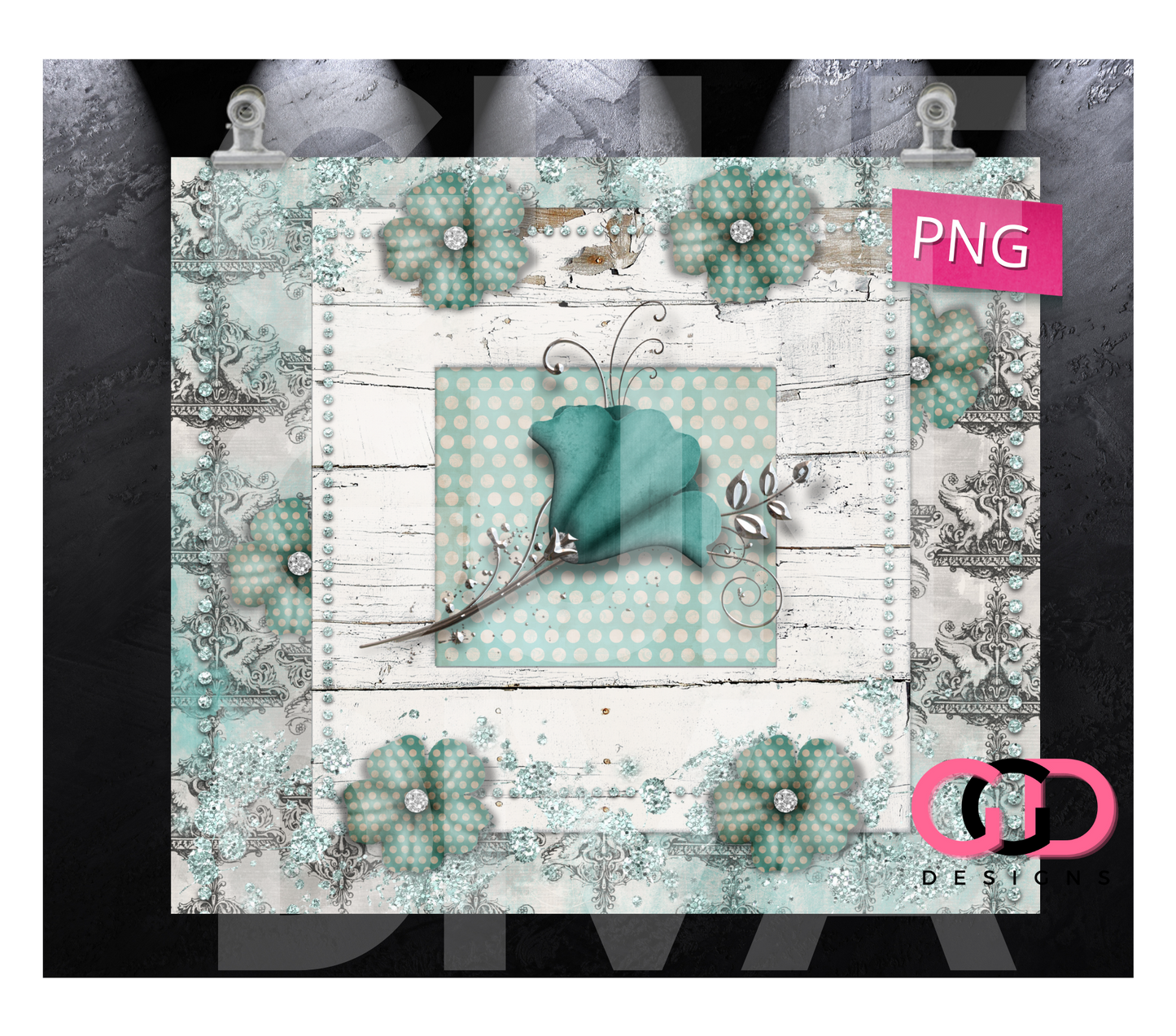 Teal Vintage Glam Flowers - Digital tumbler wrap for 20 oz skinny straight tumbler