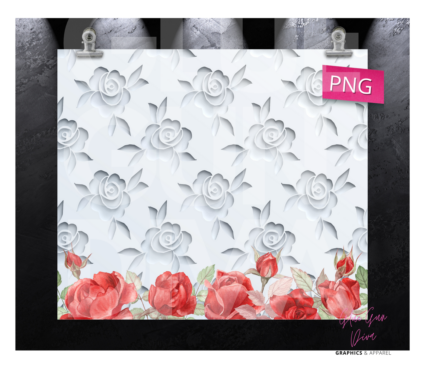 3d white roses - Digital tumbler wrap for 20 oz skinny straight tumbler