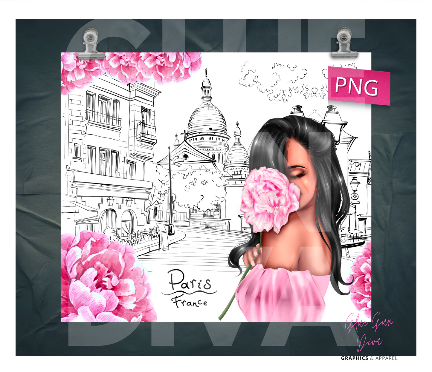 Paris Girl Flower skin tone 1- Digital tumbler wrap for 20 oz skinny straight tumbler