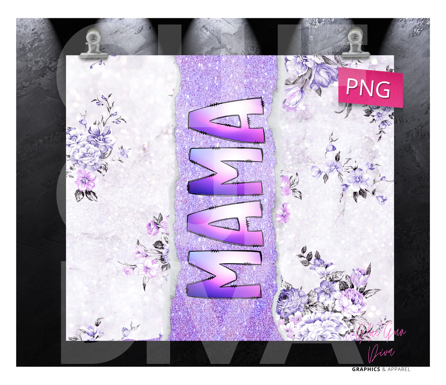Mama Gradient Purple Flowers Glitter- Digital tumbler wrap for 20 oz skinny straight tumbler