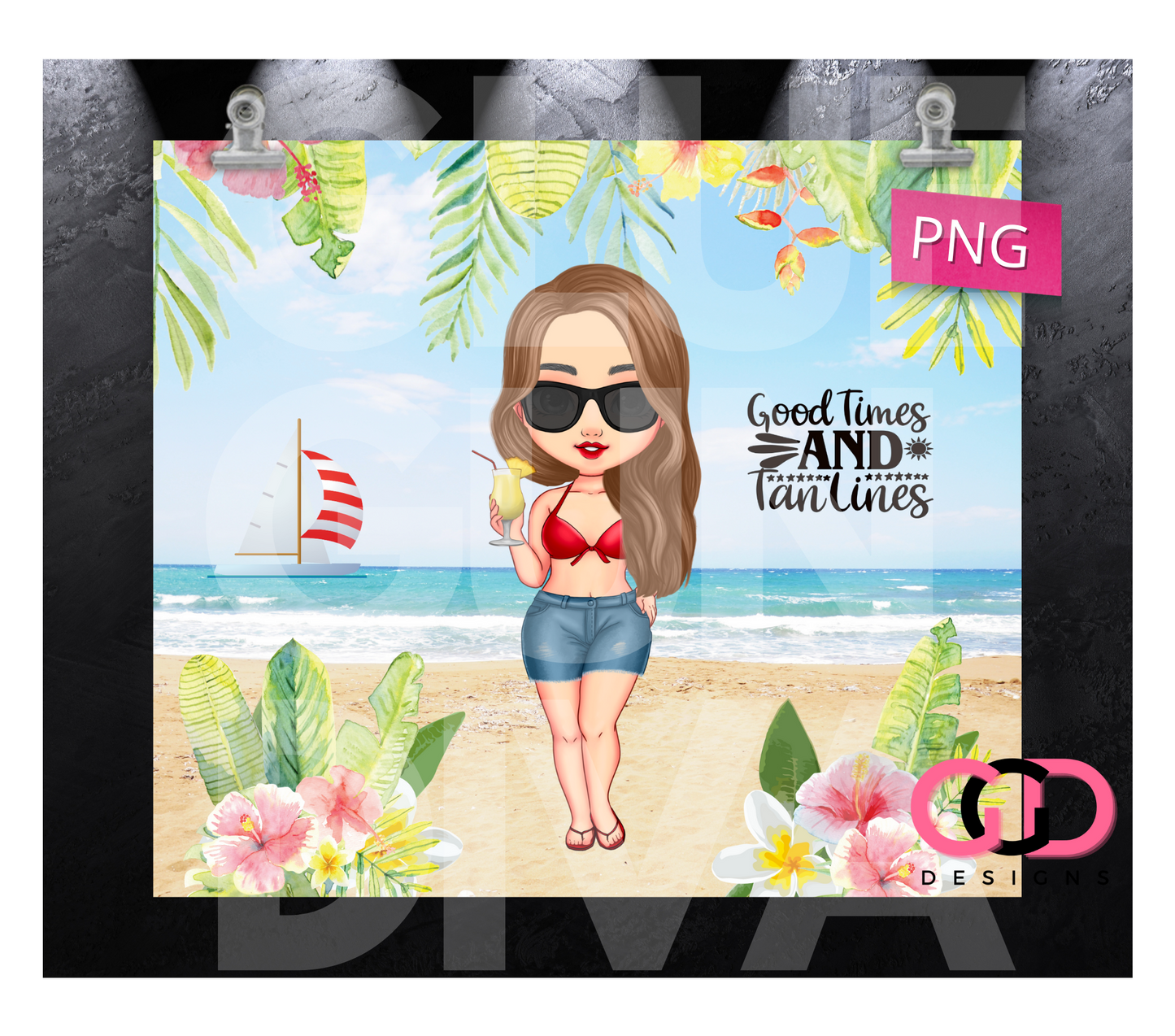 Good Times and Tan Lines- Digital tumbler wrap for 20 oz skinny straight tumbler