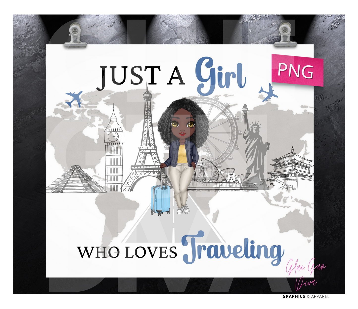 Travel Girl Skin tone 2- Digital tumbler wrap for 20 oz skinny straight tumbler