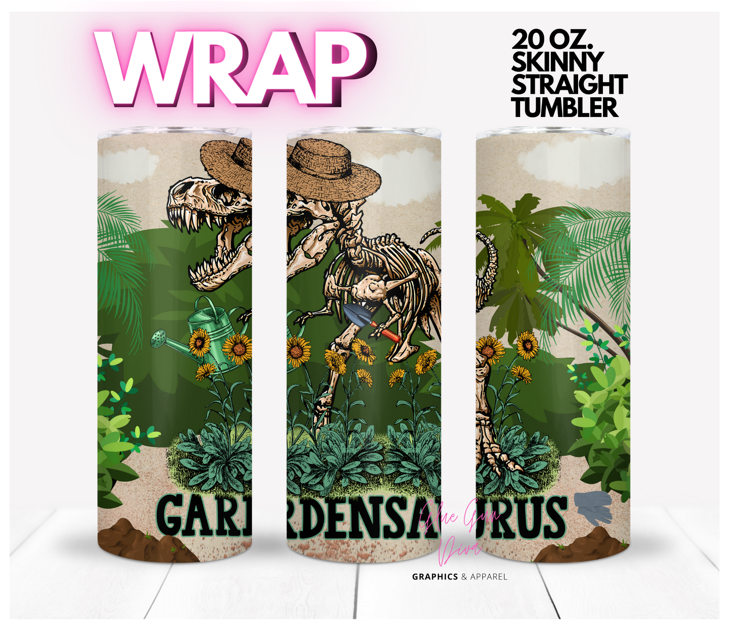 Gardensaurus- Digital tumbler wrap for 20 oz skinny straight tumbler