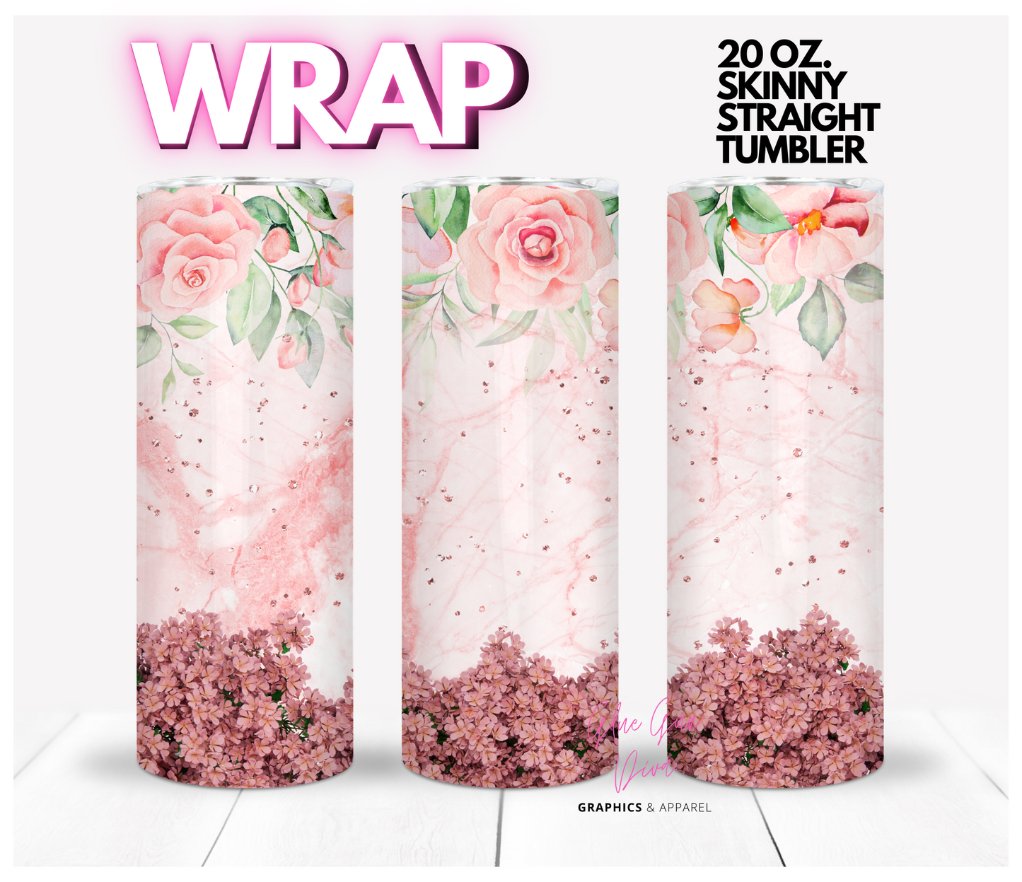 Flowers in Pink - Digital tumbler wrap for 20 oz skinny straight tumbler