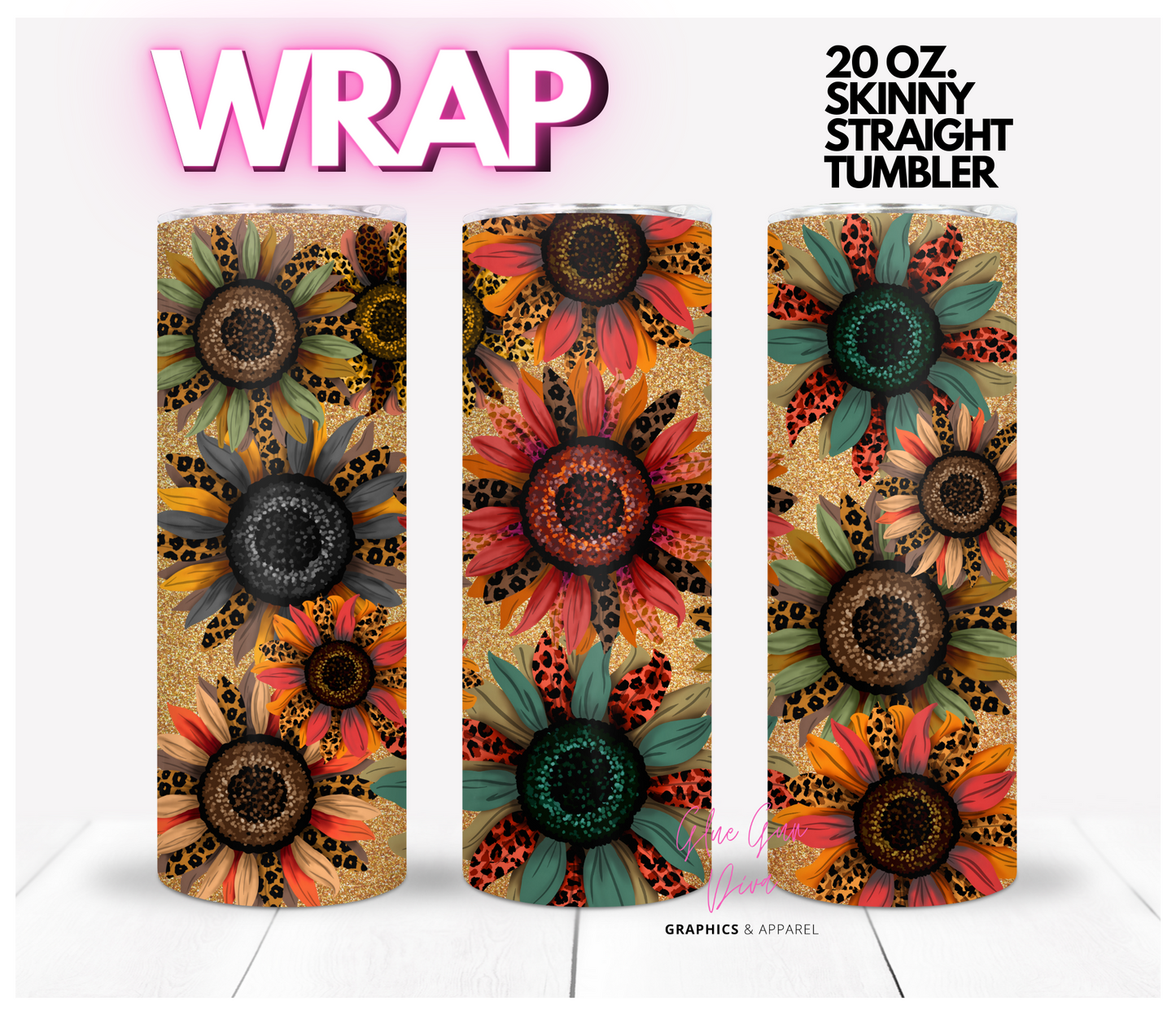 Animal Print Sunflowers - Digital tumbler wrap for 20 oz skinny straight tumbler