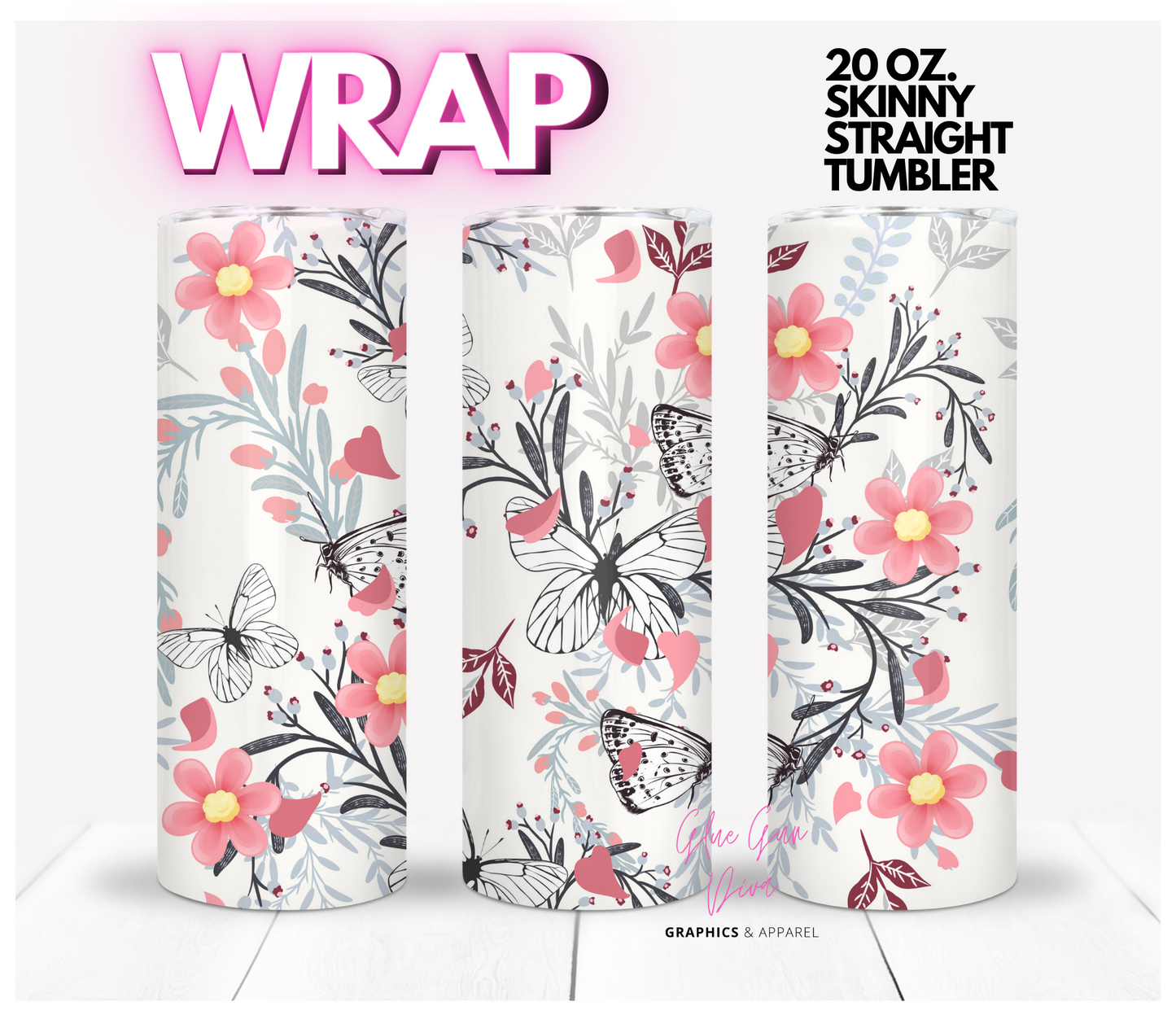 Pink flowers and Butterfly Sketches- Digital tumbler wrap for 20 oz skinny straight tumbler