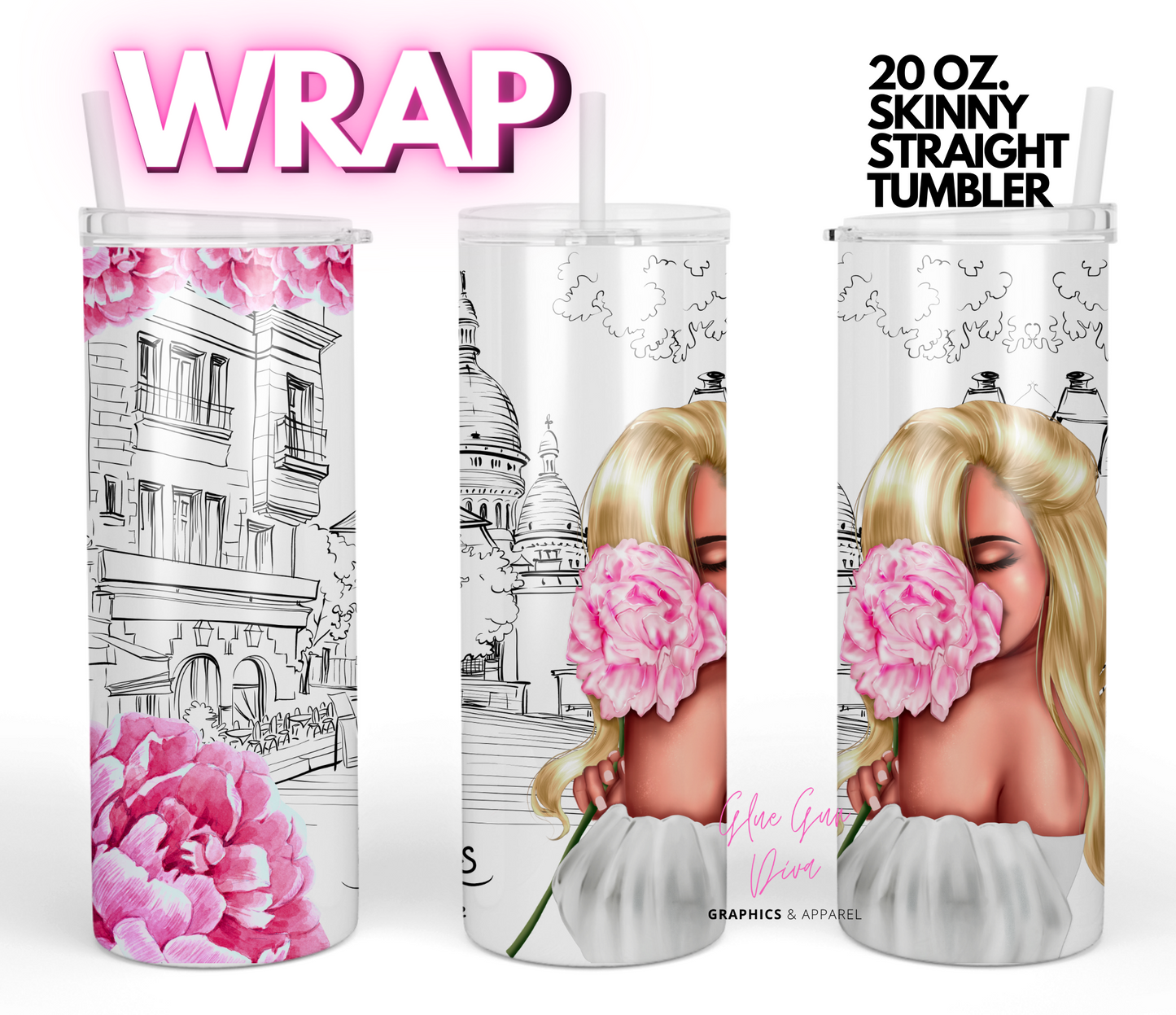 Paris Girl Flower skin tone 3- Digital tumbler wrap for 20 oz skinny straight tumbler