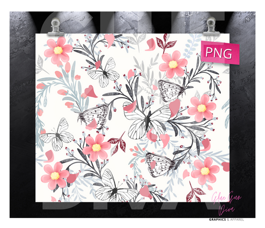 Pink flowers and Butterfly Sketches- Digital tumbler wrap for 20 oz skinny straight tumbler