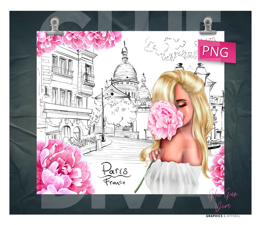 Paris Girl Flower skin tone 3- Digital tumbler wrap for 20 oz skinny straight tumbler