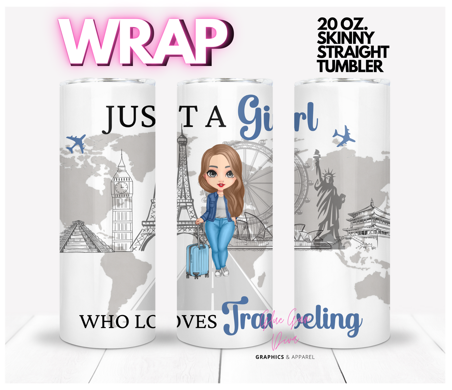 Travel Girl Skin tone 1- Digital tumbler wrap for 20 oz skinny straight tumbler