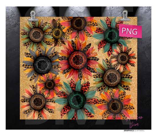 Animal Print Sunflowers - Digital tumbler wrap for 20 oz skinny straight tumbler