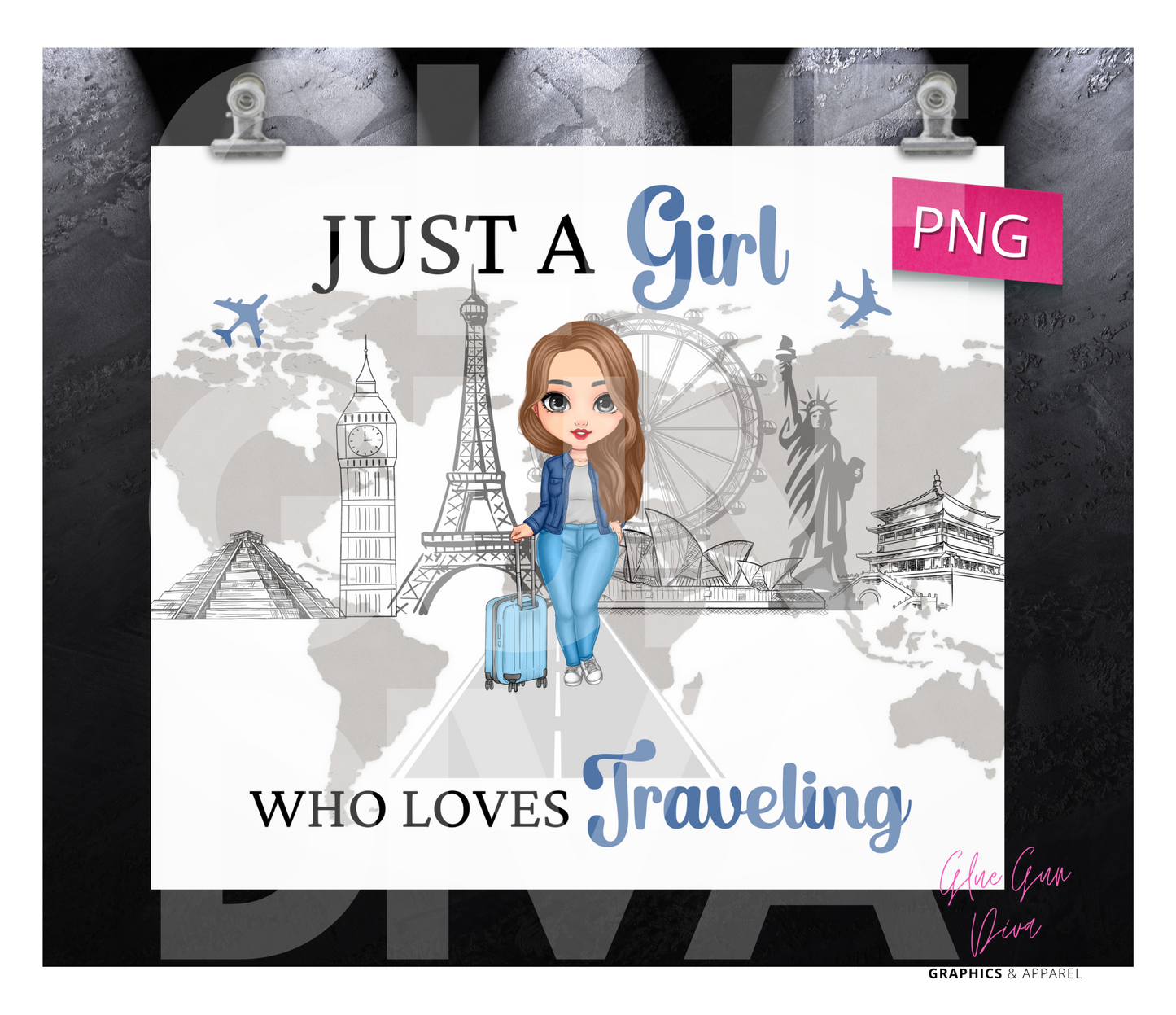 Travel Girl Skin tone 1- Digital tumbler wrap for 20 oz skinny straight tumbler