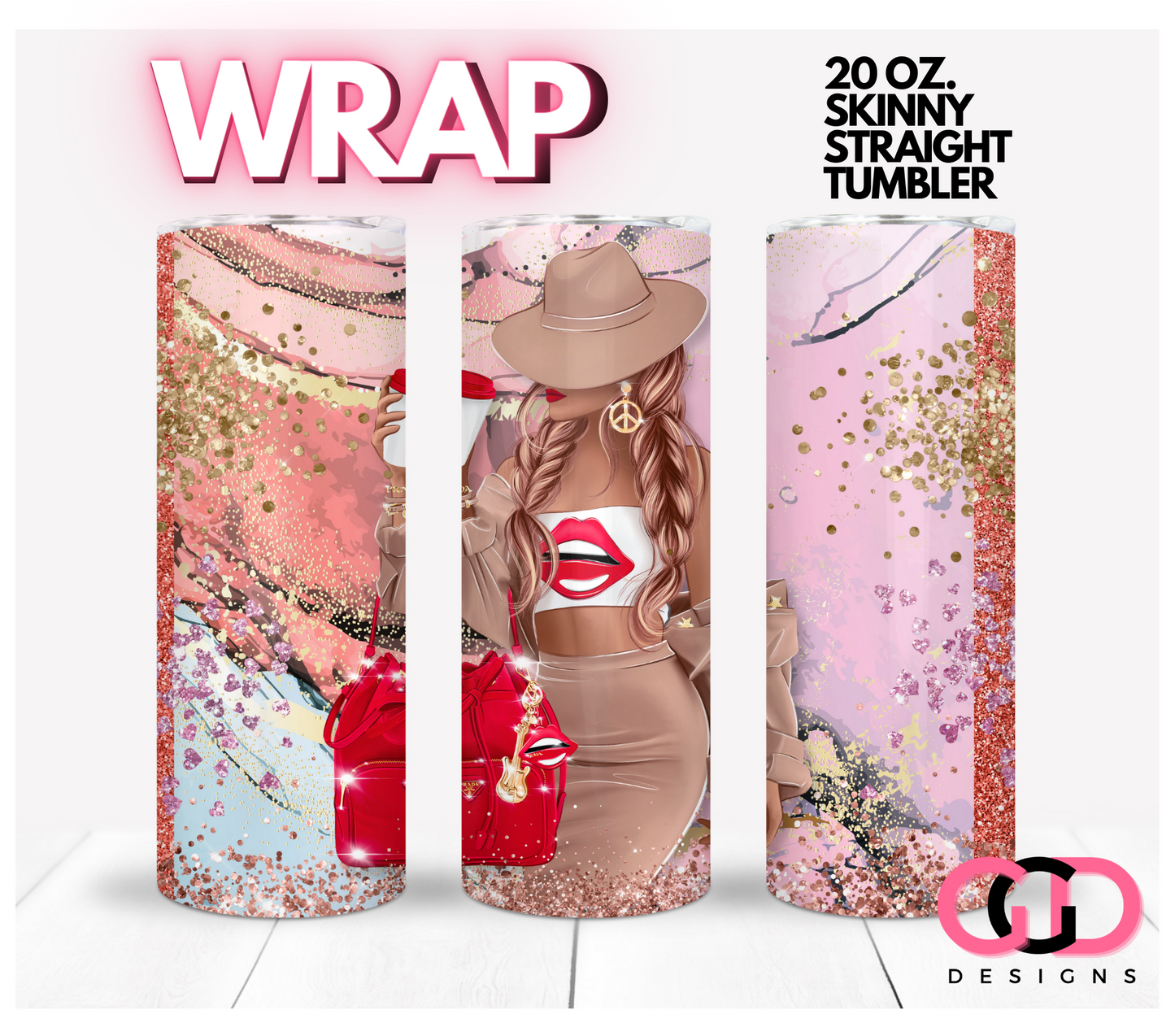 Red Lips and Bag Skin Tone 1- Digital tumbler wrap for 20 oz skinny straight tumbler
