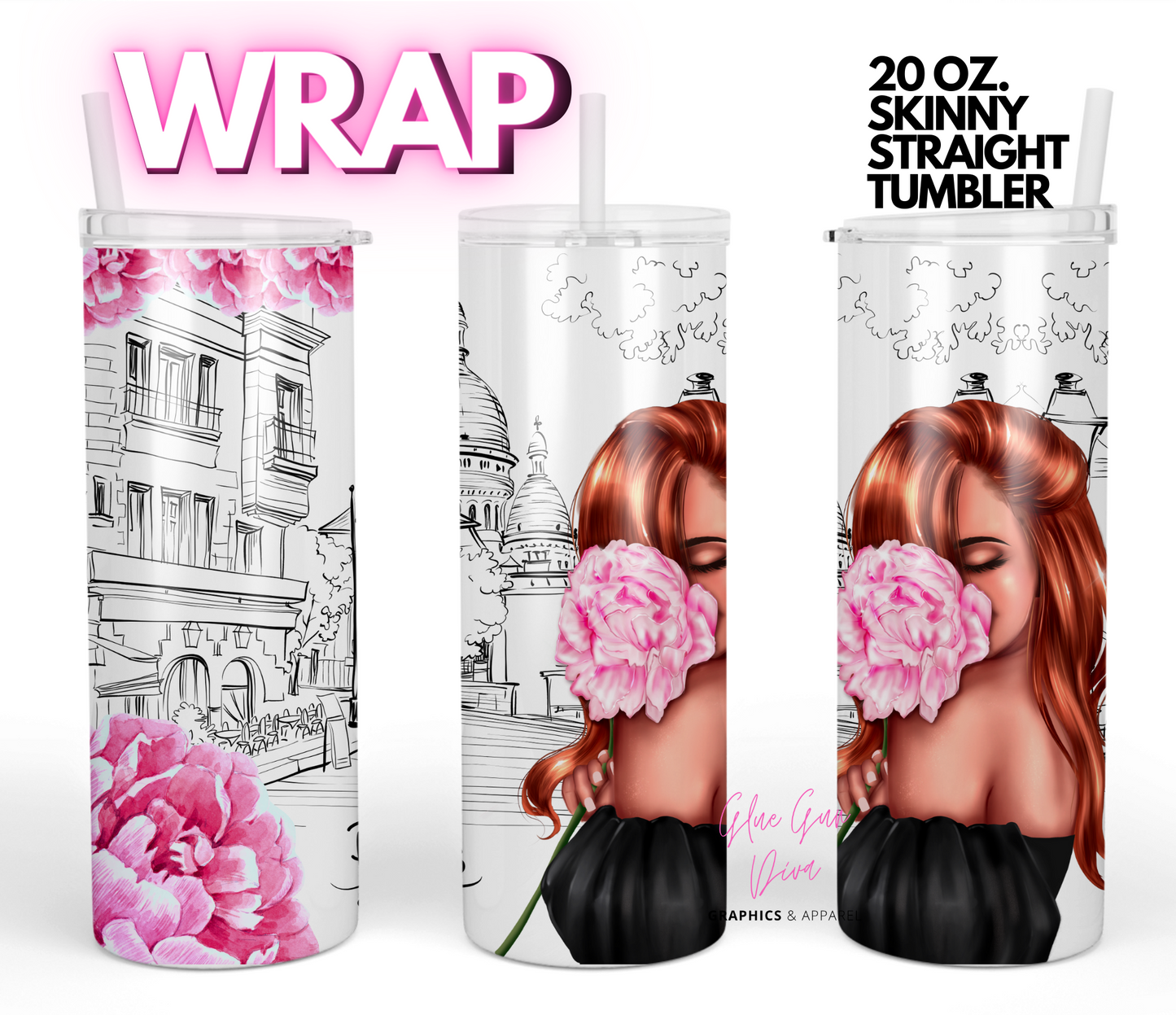 Paris Girl Flower skin tone 4- Digital tumbler wrap for 20 oz skinny straight tumbler
