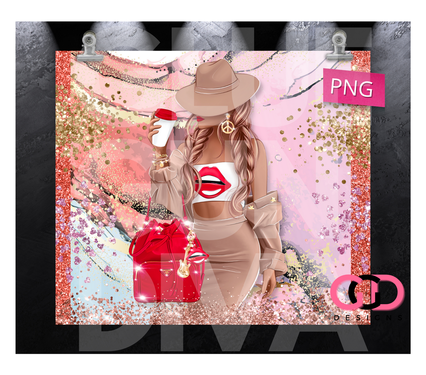 Red Lips and Bag Skin Tone 1- Digital tumbler wrap for 20 oz skinny straight tumbler