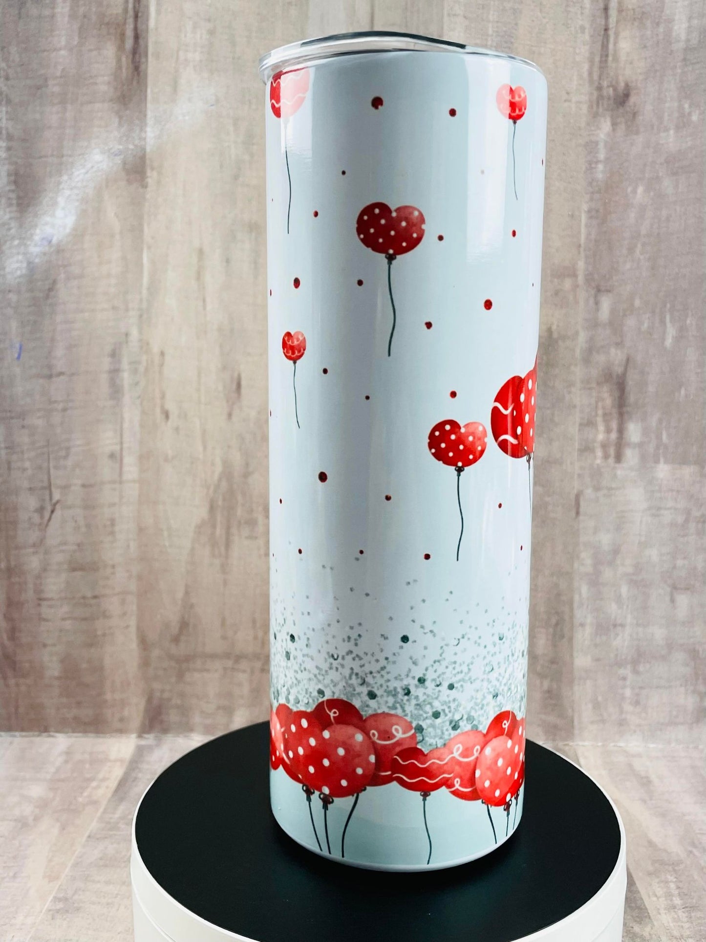 PANDA with Red Heart Balloons Valentine's Day handmade 20 oz stainless steel skinny tumbler with straw, handmade Insulated Tumbler