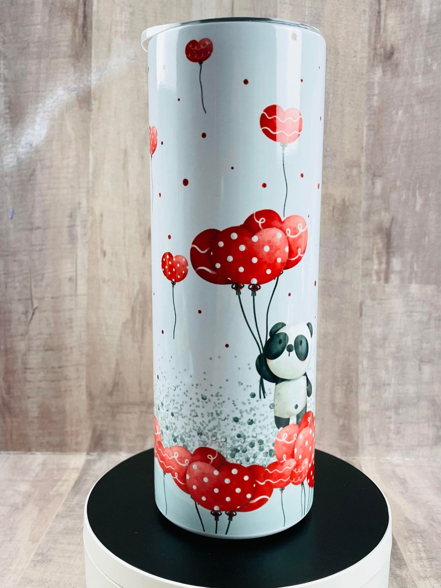 PANDA with Red Heart Balloons Valentine's Day handmade 20 oz stainless steel skinny tumbler with straw, handmade Insulated Tumbler