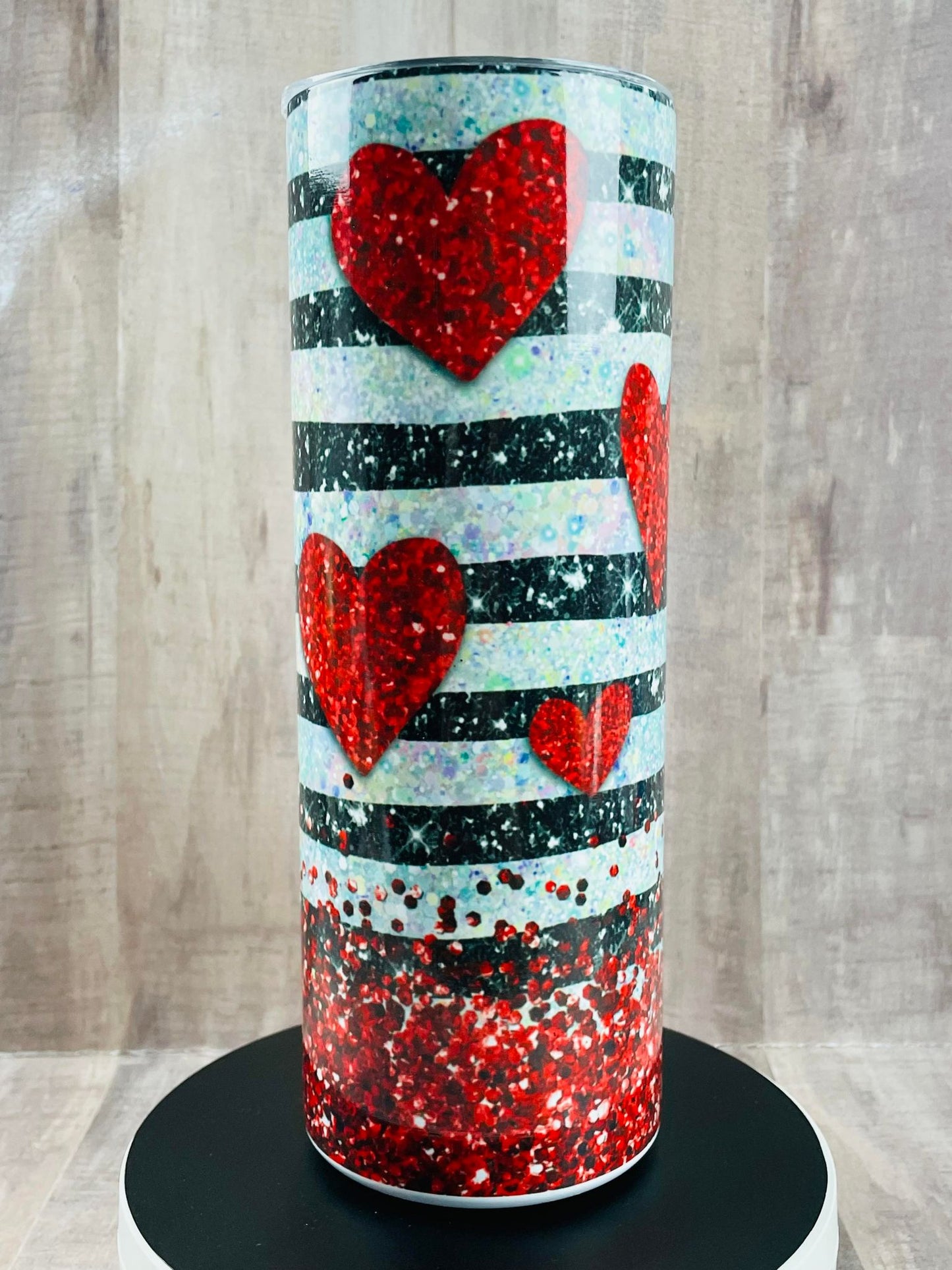 Red Hearts Striped Glitter Valentine's Day, handmade Insulated Tumbler