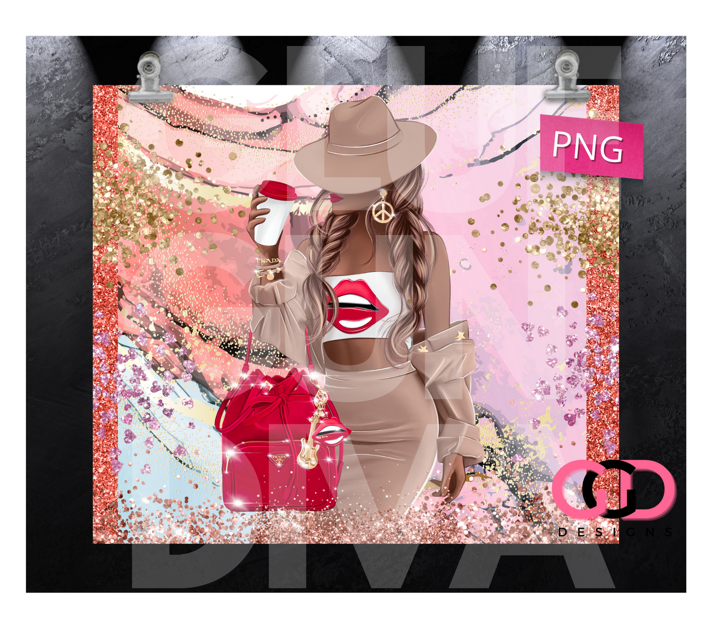 Red Lips and Bag Skin tone 2- Digital tumbler wrap for 20 oz skinny straight tumbler