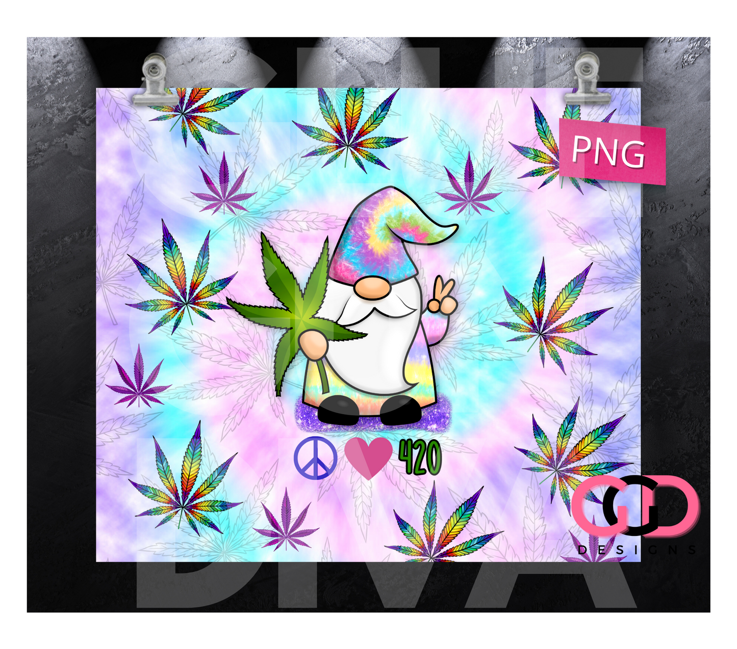 Peace Love 420 Gnome- Digital tumbler wrap for 20 oz skinny straight tumbler