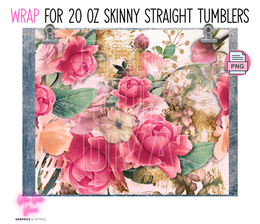 Gold Pink Roses- Digital tumbler wrap for 20 oz skinny straight tumbler