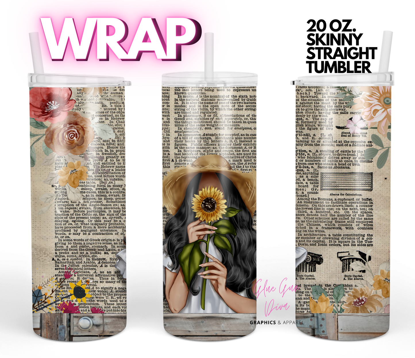 Sunflower Girl- Digital tumbler wrap for 20 oz skinny straight tumbler
