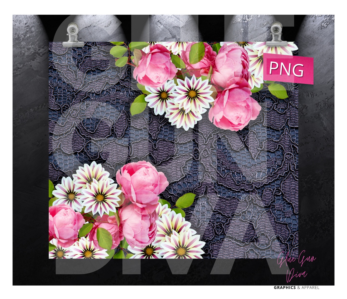 Flowers against purple lace- Digital tumbler wrap for 20 oz skinny straight tumbler
