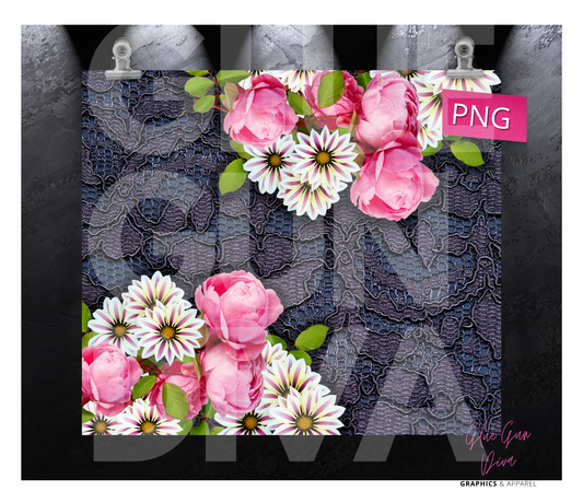 Flowers against purple lace- Digital tumbler wrap for 20 oz skinny straight tumbler