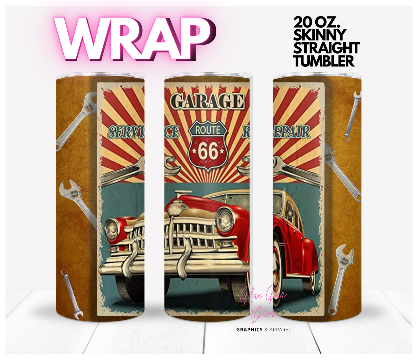Garage Route 66 vintage car - Digital tumbler wrap for 20 oz skinny straight tumbler