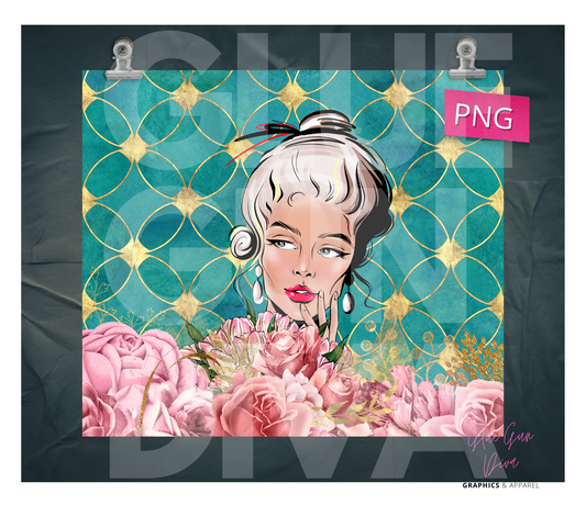 Bun Girl Roses Teal- Digital tumbler wrap for 20 oz skinny straight tumbler