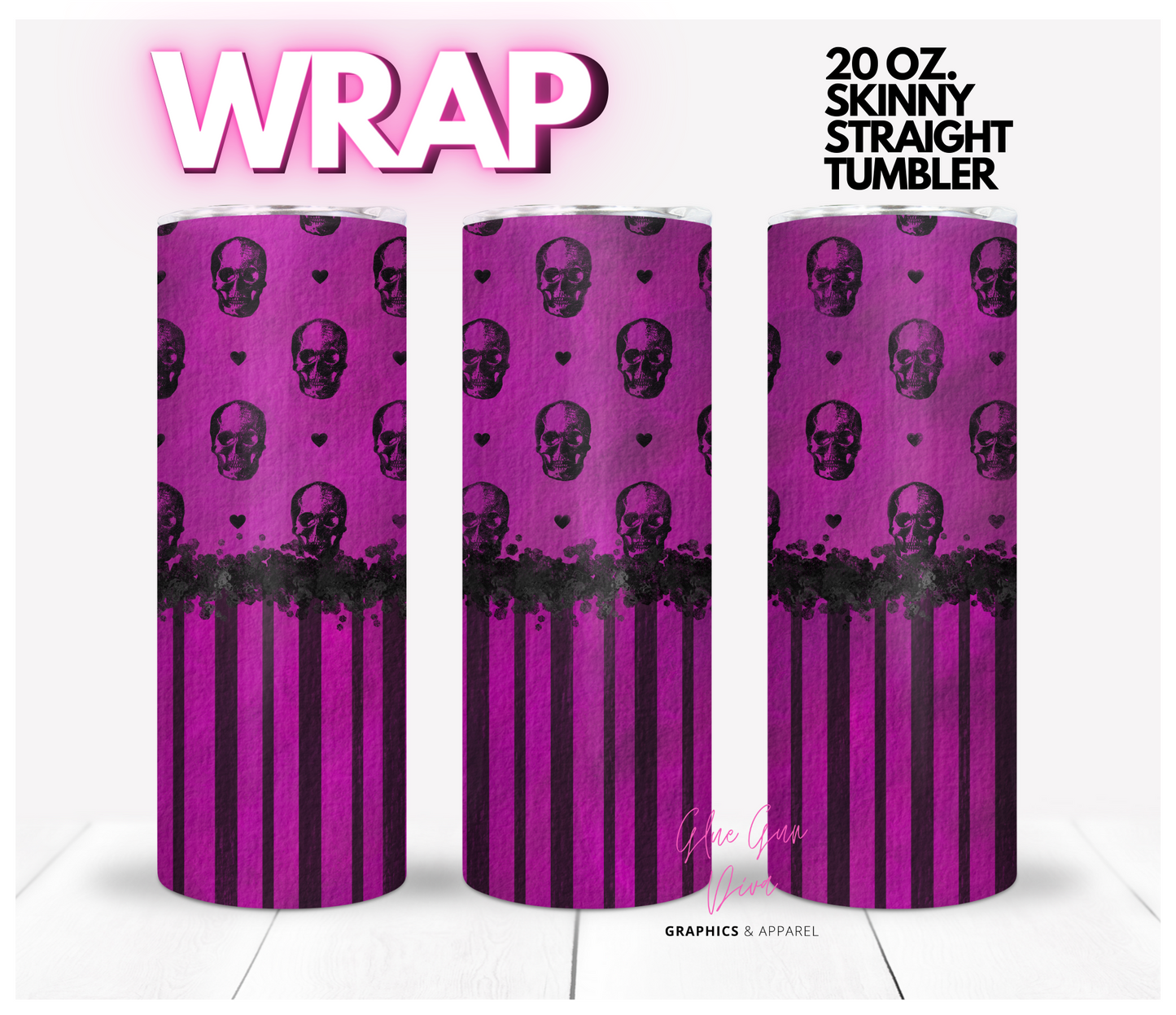 Skulls in Fuchsia - Digital tumbler wrap for 20 oz skinny straight tumbler