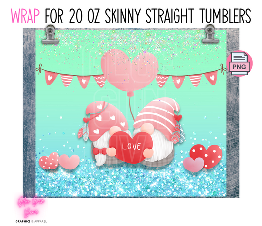 Teal Gnomes Love- Digital tumbler wrap for 20 oz skinny straight tumbler