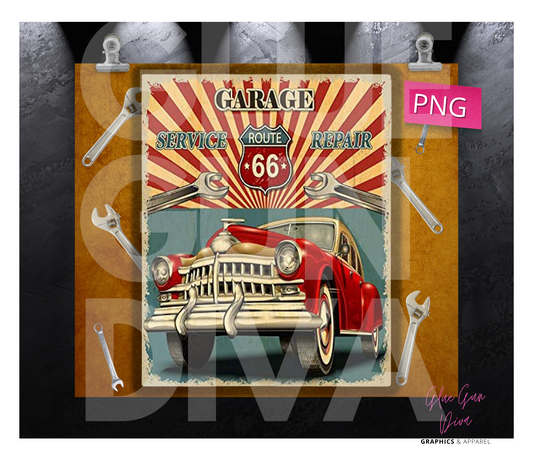 Garage Route 66 vintage car - Digital tumbler wrap for 20 oz skinny straight tumbler