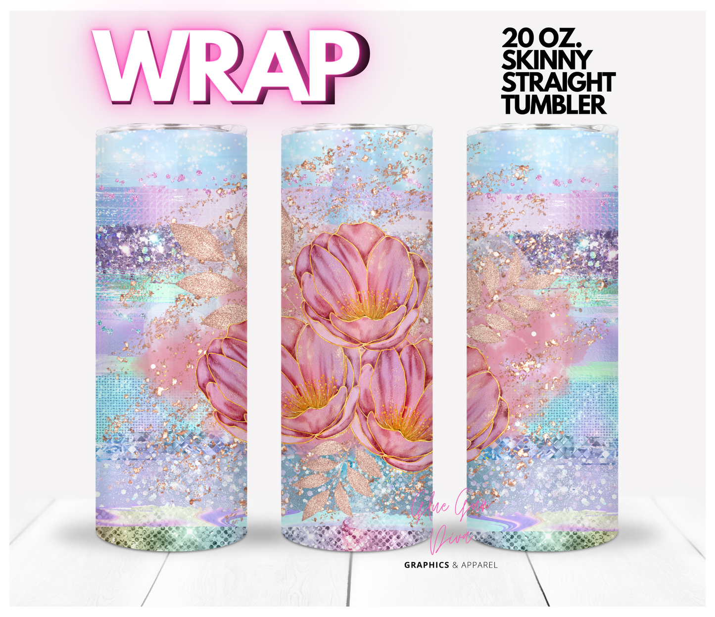 Three Pink Flowers - Digital tumbler wrap for 20 oz skinny straight tumbler