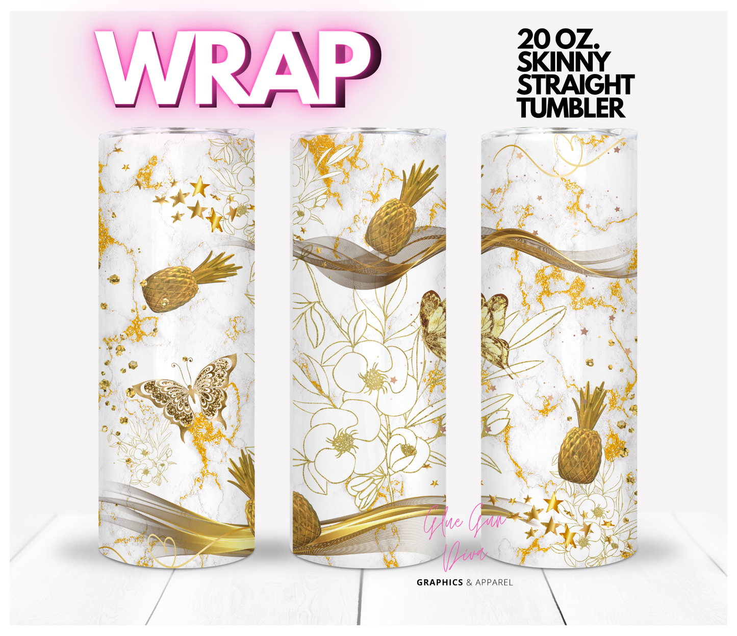Gold pineapples and Flowers - Digital tumbler wrap for 20 oz skinny straight tumbler